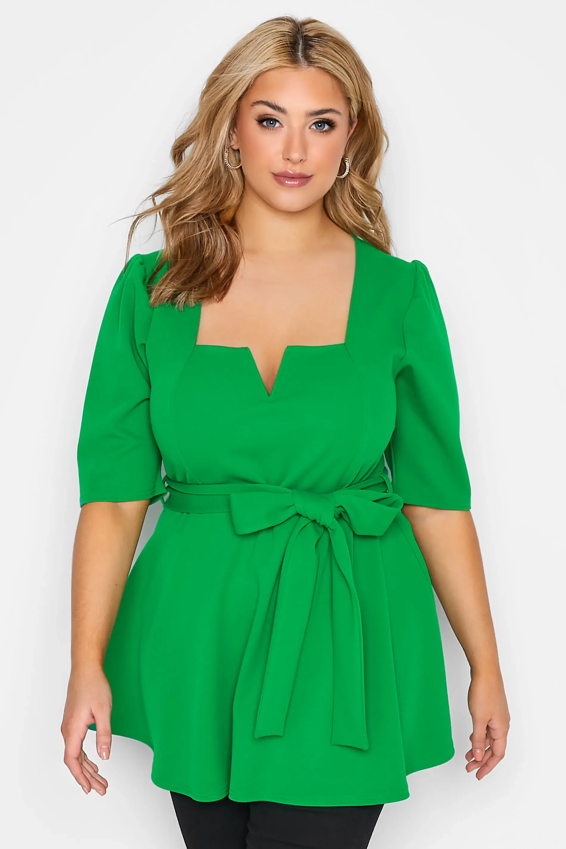 Notch Neck Peplum Belt Waist Plus Size Top Women