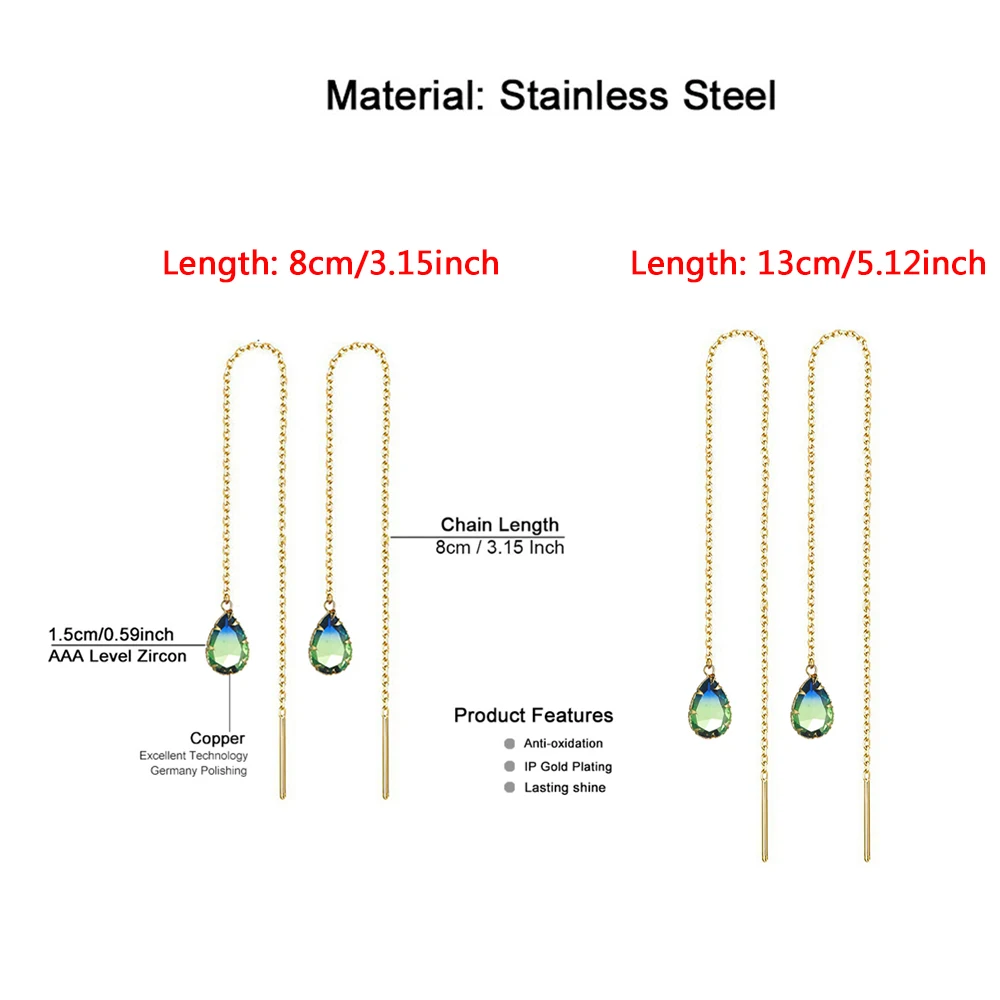 Stainless Steel Colorful Zircon Water Drop Long Chain Earrings for Women Girls Linear Crystal Threader Earrings Jewelry drop earrings long earrings crystal earrings