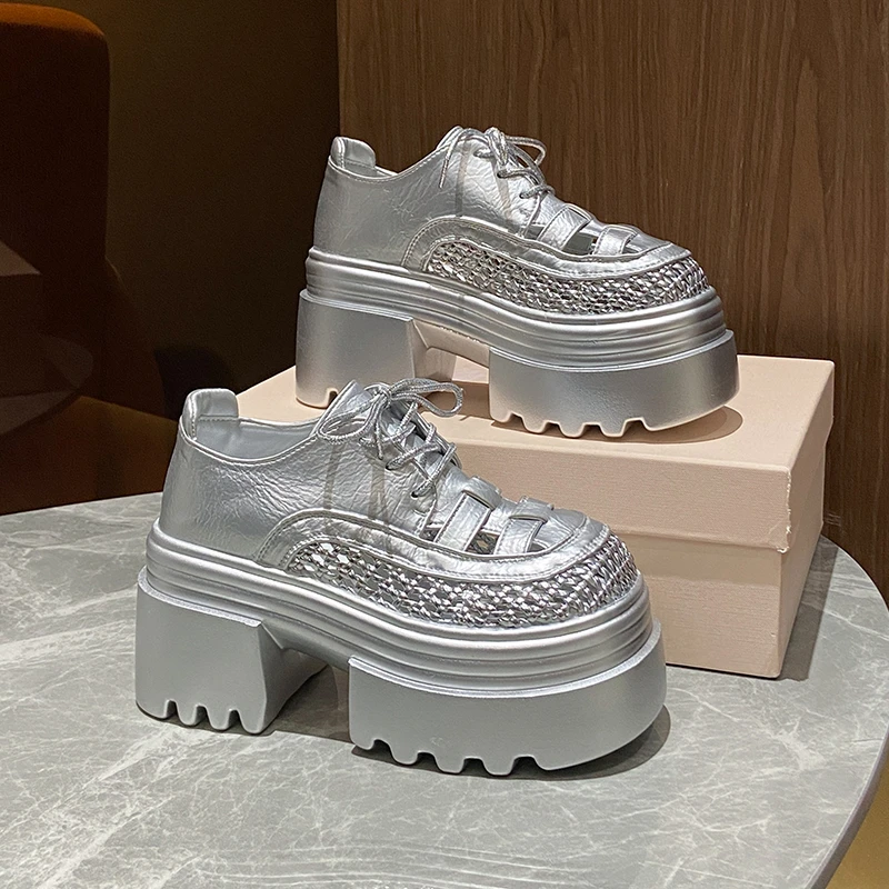 New Summer Women's Hollow Sneakers Leather High Heels Platform