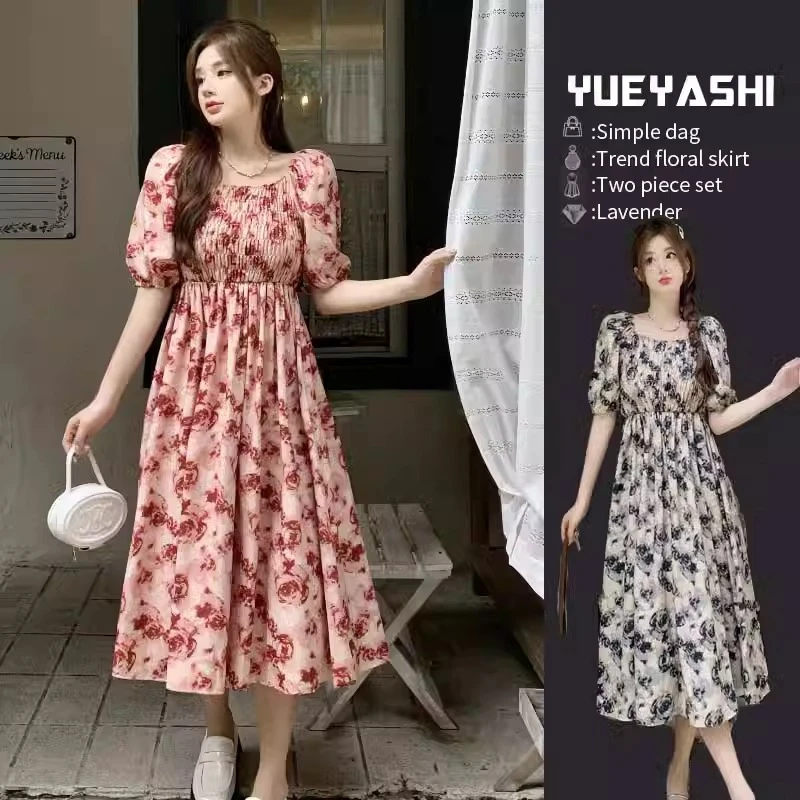 

Summer resort style French dress, elegant and sexy floral dress, casual slim short-sleeved dress
