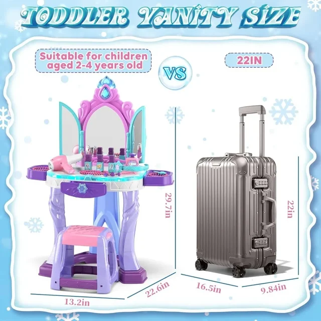 Kids Vanity Table Chair Set with Mirror Lights Music Pretend Makeup Dress Up Gift for Girls Age 3 4 5