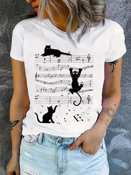 Moda divertente musica gatto design stampa manica corta stampata maglietta abbigliamento maglietta da donna abbigliamento maglietta da donna 1