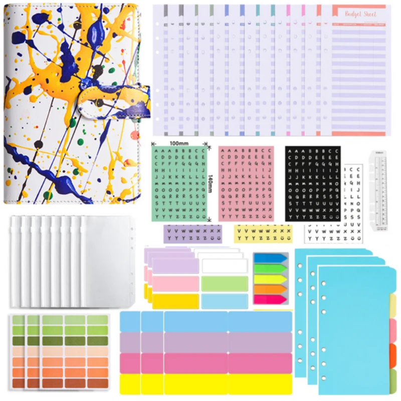 

A6 Notebook Binder Leather PU index sticker Creative Color Print Hand Ledger Cash Budget Binder Office stationery Set