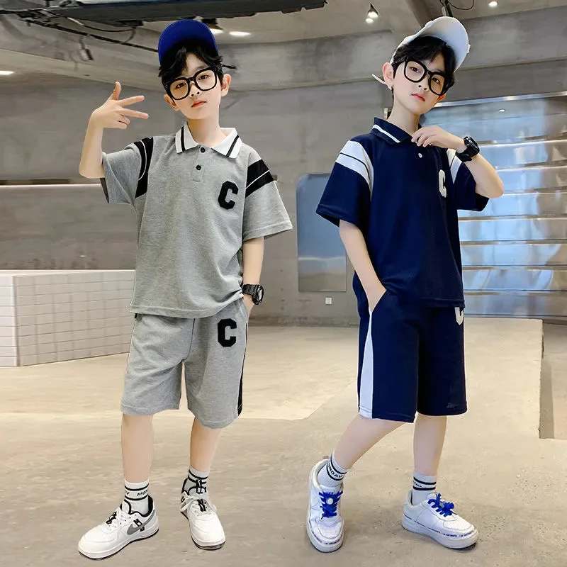 

Teen Boys Clothes Summer Fashion Polo Collar Letter Print Patchwork Pullover + Side Striped Shorts 2pcs Casual Sportswear 4-14 Y