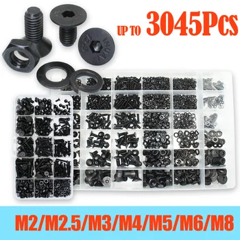 3045p/set Hex Socket Flat Head Screws Bolts Nuts Assortment Kit M2 M2.5 M3 M4 M5 M6 M8 Black Grade 10.9 Steel with Washers Set