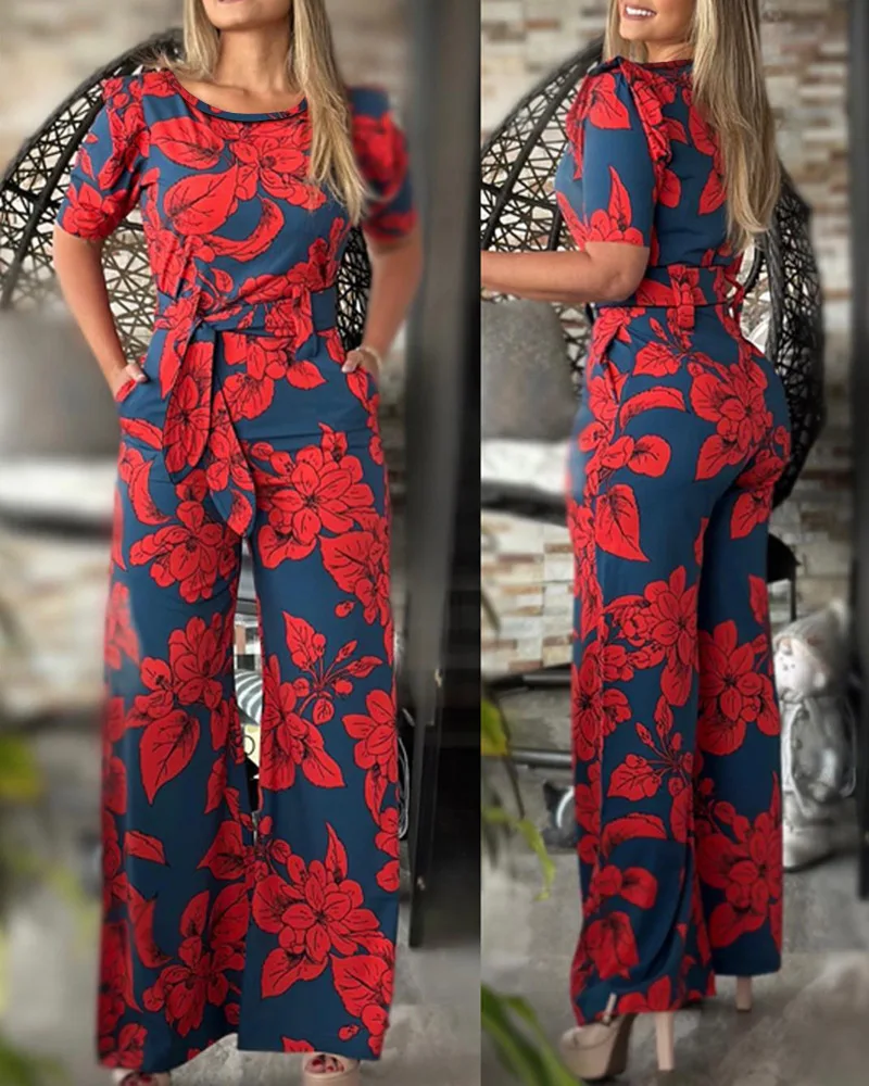 

Plants Print Wide Leg Jumpsuit Women Fashion Casual O Neck Loose Pants Overall Pants Full Length Summer Spring