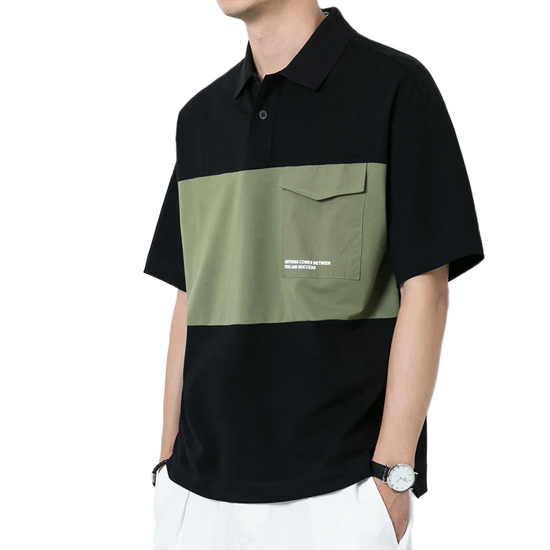 

Рубашка-поло мужская с коротким рукавом, Лоскутная тактическая блузка с большими карманами, в корейском и японском стиле, контрастная расцветка, на лето