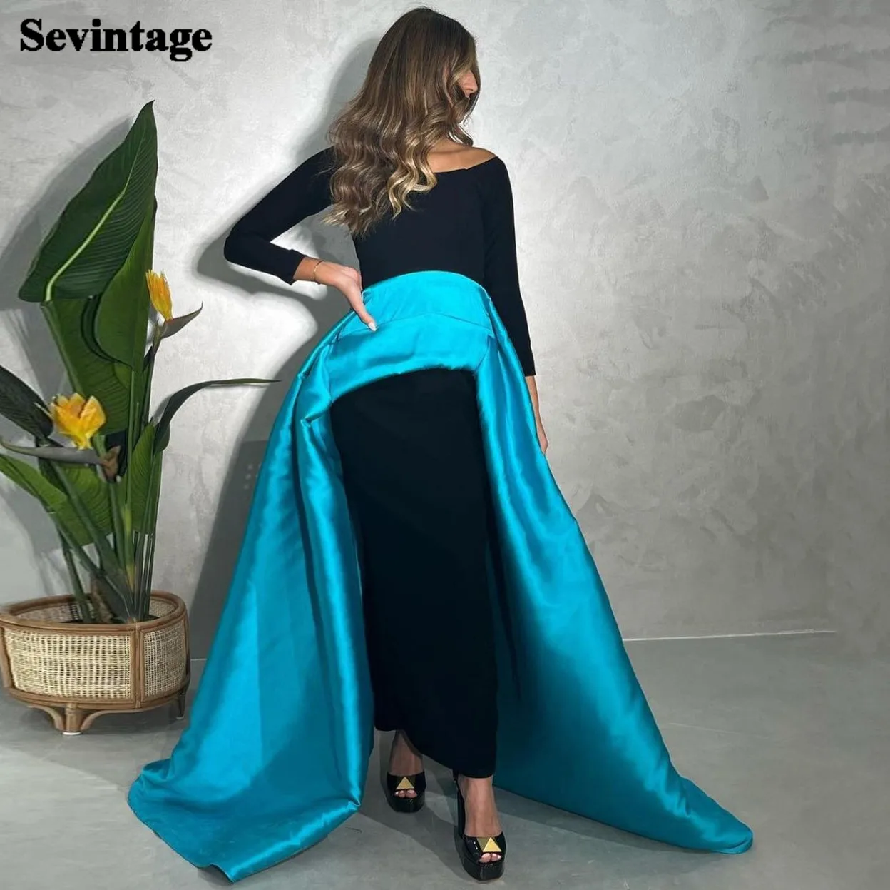 

Sevintage Black And Blue Saudi Arabia Evening Dresses For Women Formal Prom Gowns Ankle Length Midi Long Sleeves Party Gowns