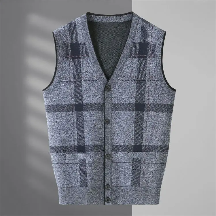 Description Picture 3 of itemTop Grade Wool Men Sweater Vest 2023 New Autumn and Winter Warm Fashion V-Neck Smart Casual Classic Knitted Plaid Vest A69