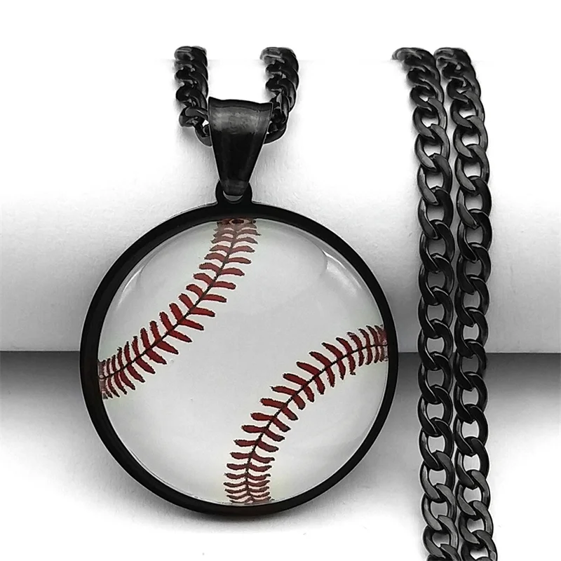 Mode Sport Baseball Runde Glas Anhänger Halskette für Frau Mann Edelstahl Schlüsselbein Kette Schmuck Collier NBL54-1S01 – Detail 8