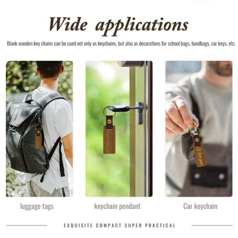 20 PCS Unfinished Wood Crafts Rectangle Leather Keychain Blank Wooden Walnut With Keyring For DIY