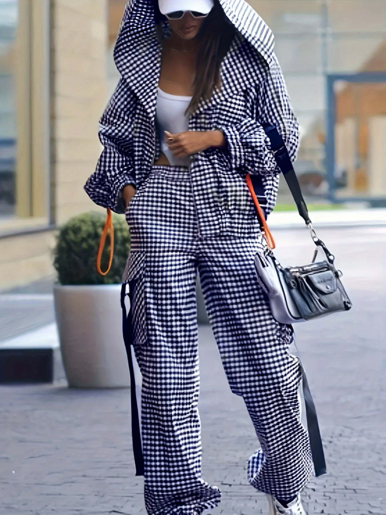 Spring Autumn Casual Plaid Print Women's Set Fashion Pocket Loose Hoodie Long-sleeved Jacket + Trousers 2-piece Suit Street 1