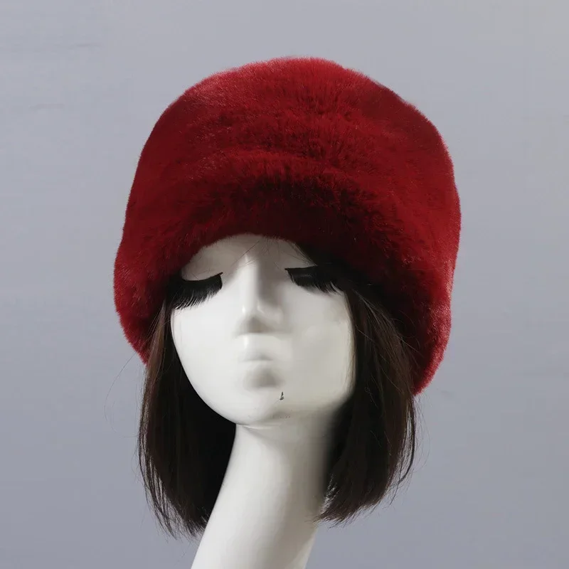 Faux Fur Hats for Women Fluffy Russian Hat Winter Cap Ears Warm Female Beanies Solid Color Leopard Print Bonnets 2