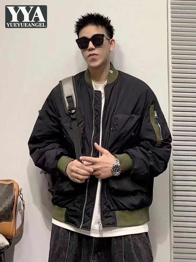 Fashion Winter Mens Casual Loose Fit Bomber Jacket Streetwear Overcoat Stand Collar Thick Warm Down Jacket Pockets Outwear Coat