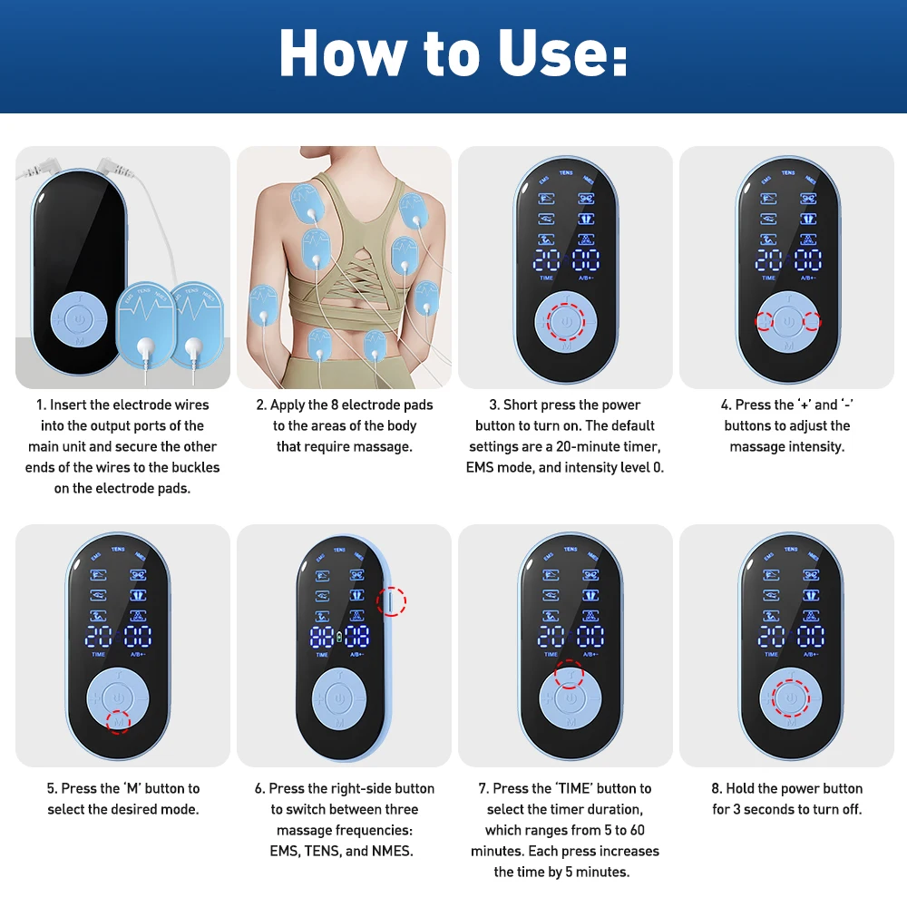 Rechargeable 18 Modes EMS TENS Muscle Nerve Electrostimulator Electrodes Patches