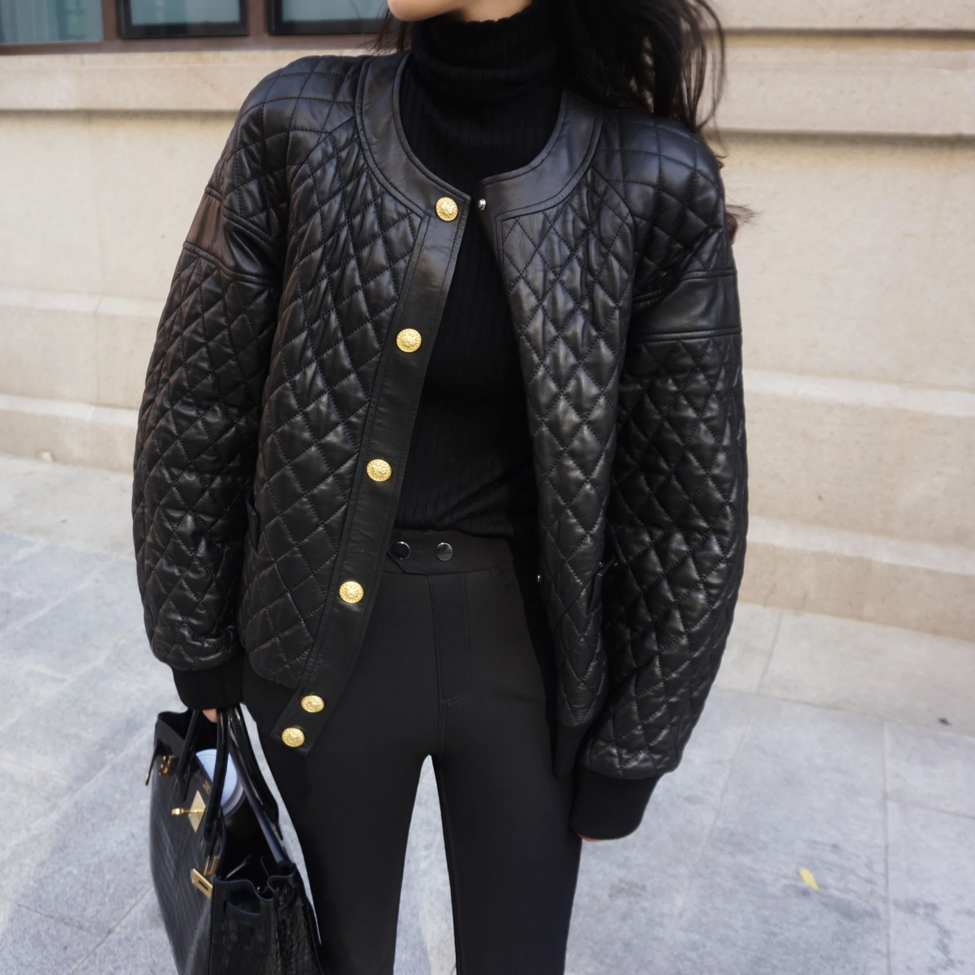 

Genuine Leather Coat Autumn/Winter New Versatile Small Fragrance Wind Slim and Warm Cotton Sheepskin Top Coat