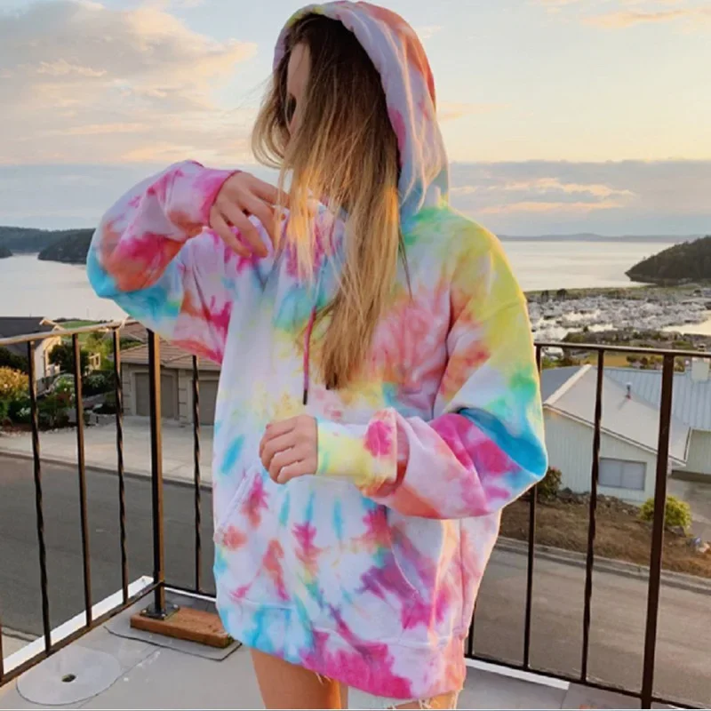 Women Tie Dye Long Sleeve Ladies Hoodie Drawstring 2023 Fall/Winter Ladies Hooded New Loose Casual Sweatshirt Ladies Pullover