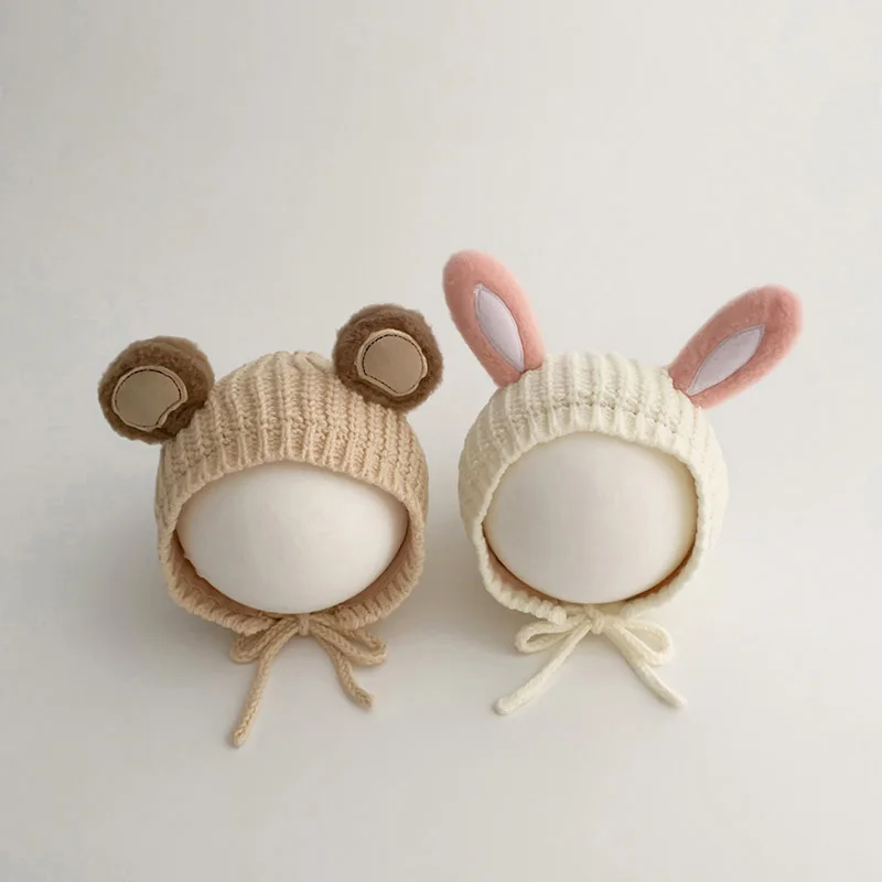 Cartoon Bear Bunny Ear Baby Hat for Girls Boys Autumn Winter Knitting Hats Warm Thickened Kids Cap Cute Woolen Beanie 2-12Months