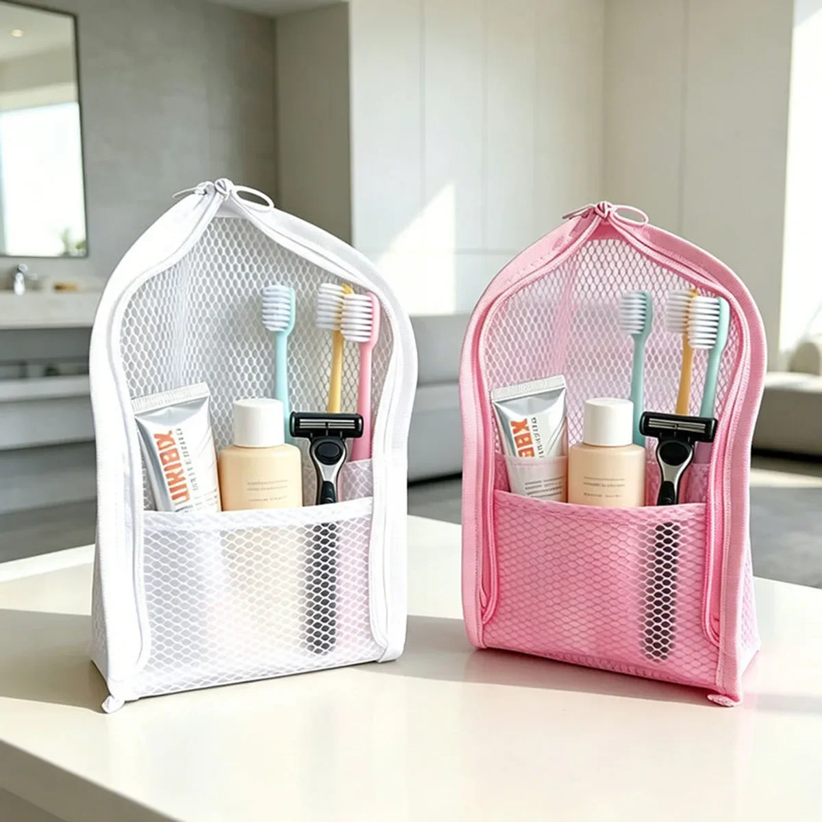 Breathable Quick-Dry Mesh Toiletry Bag with Toothbrush Case