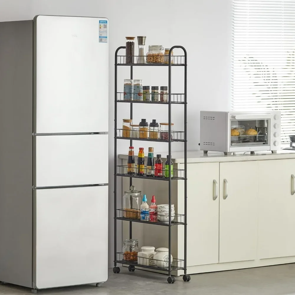 6 Tier Slim Storage Cart with Wheels, Metal Mobile Shelving Unit Organizer Utility Cart for Kitchen Laundry Room Narrow Places 2