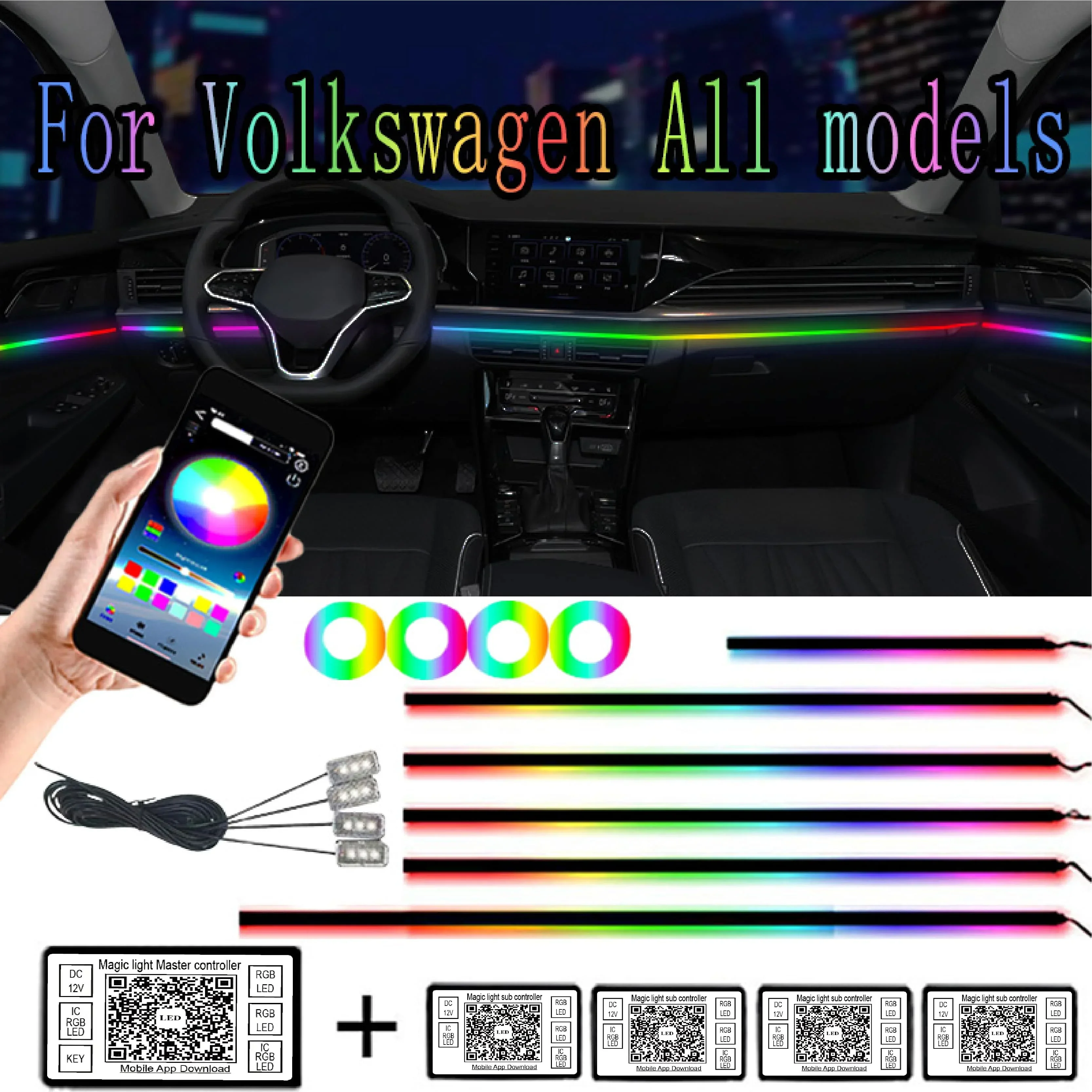 

18 in 1 64 Color RGB Symphony Car Atmosphere Interior LED Acrylic Guide Fiber Optic Universal Decoration Ambient Light For VW