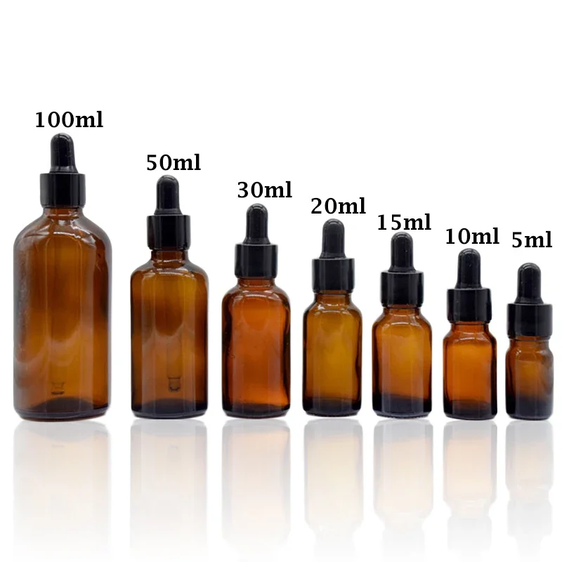 

8Pcs Travel Dropper Bottles 5-100ml Amber Glass Vials Perfume Essential Oil Liquid Pipette Reagent Eye Drop Refillable Bottles