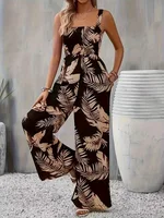 Women's summer elegant back hugging tropical printed overalls - Image 4