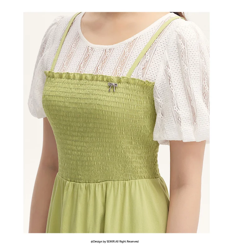 Vestido de mujer con mangas abullonadas y encaje de retazos, dos piezas, corte entallado, estilo fresco de verano, cuello redondo, falda de longitud media