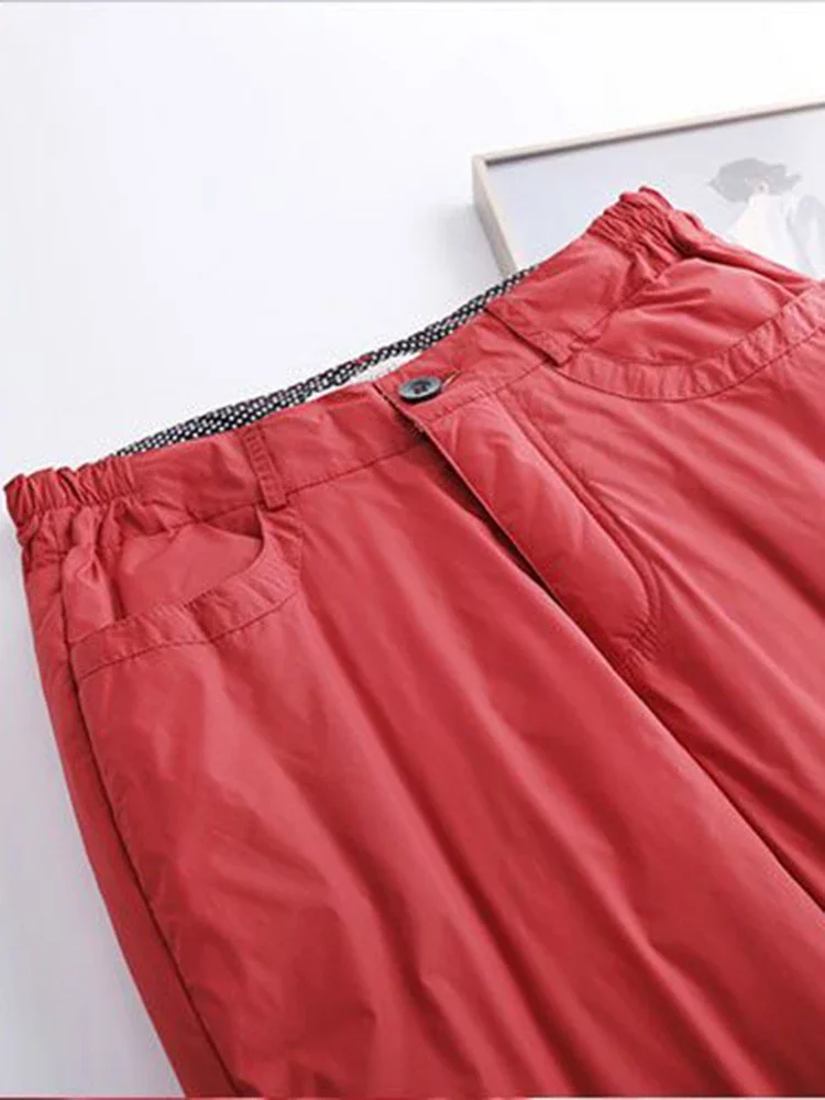 Winter High Waist Women Down Cotton Wide Leg Pants Causal Thicken Fluffy Baggy Pantalones Snow Warm Windproof Straight Spodnie