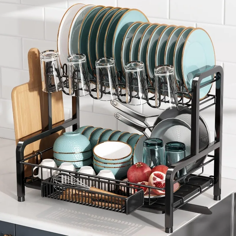 2 Tier Dish Drying Rack and Drainboard Set, Large Stainless Steel Dish Drainers for Kitchen Counter, Strainer Shelf