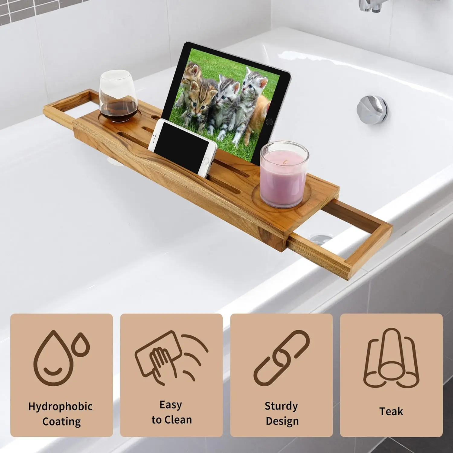 Teak Bathtub Tray Caddy-Expandable Bath Tray-Adjustable Organizer for Bathroom Luxury Bath Caddy Tub Table, Bathtub