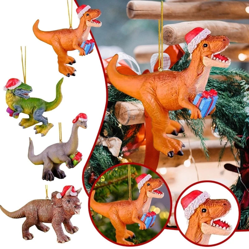 8cm Mini Holiday Ornaments Christmas Tree Decorations Dinosaur in Christmas Hat Figurine Hanging Pendant Gift for Kids