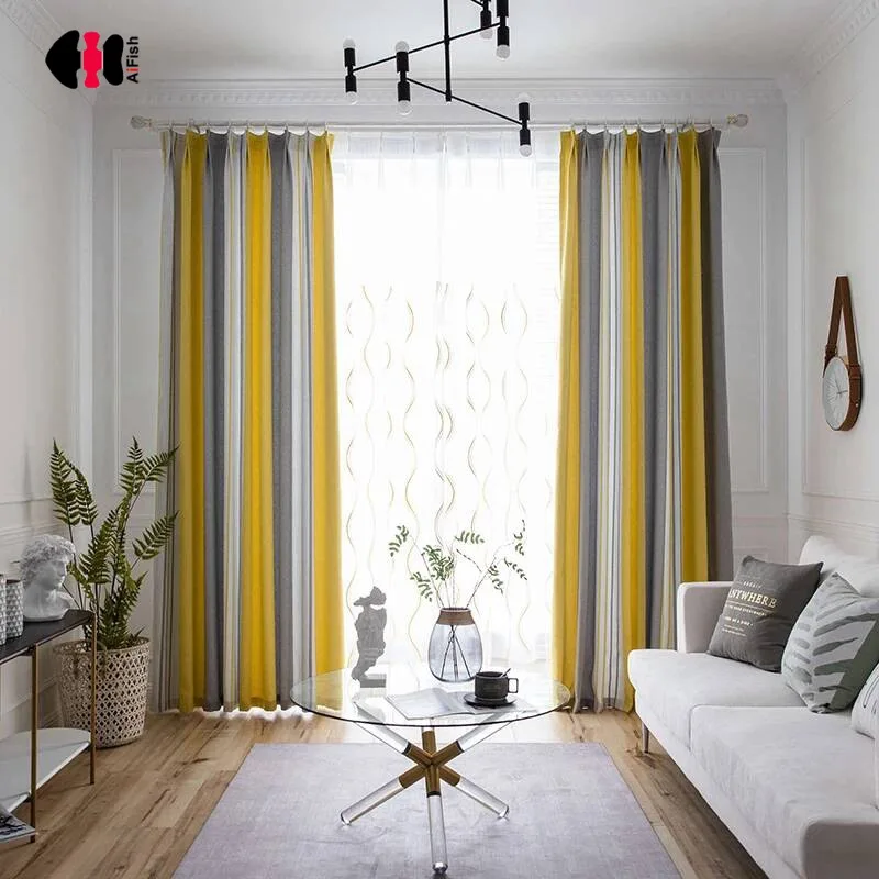 黄色と白のストライプの遮光カーテン,リビングルーム用,北欧の古典的な牧歌的なキッチンカーテン,ウィンドウトリートメント,zh029c