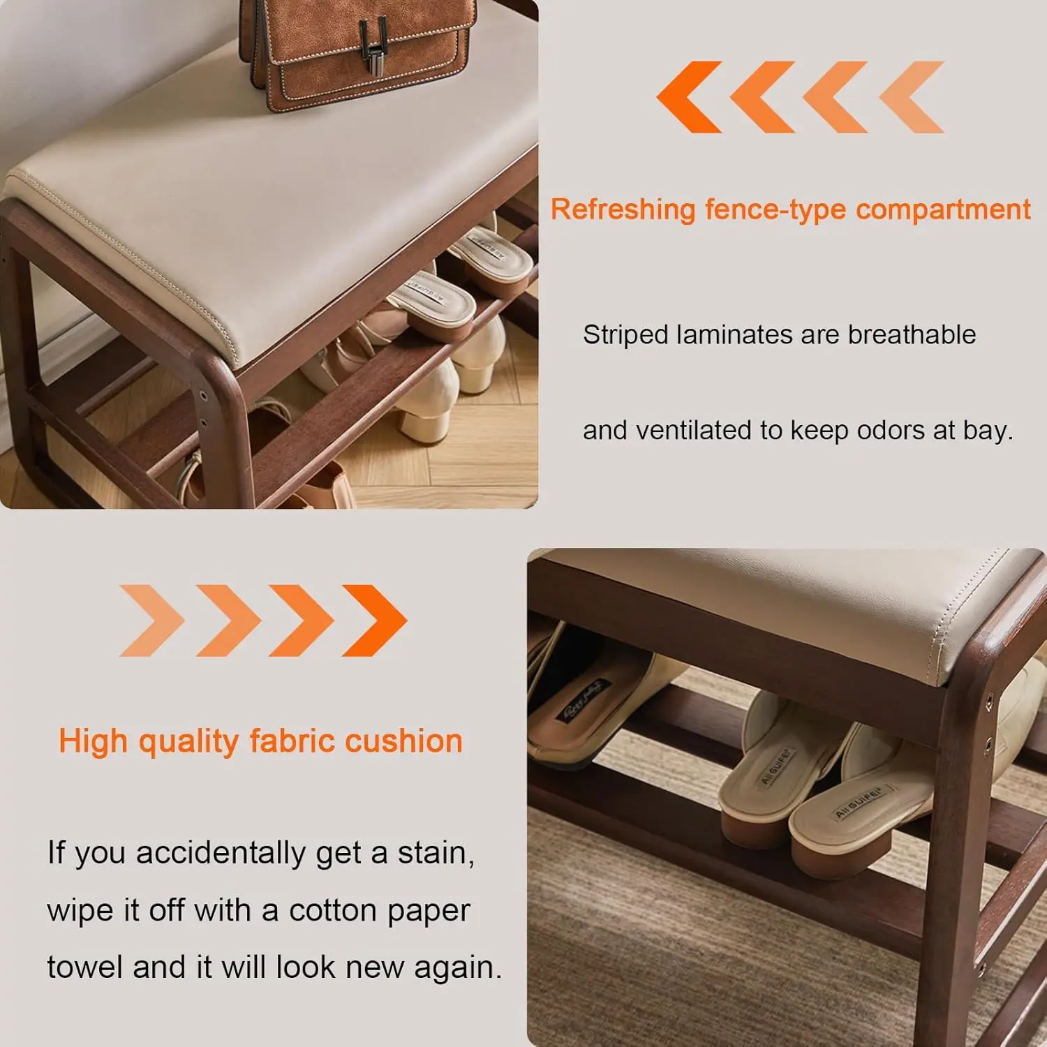 Solid Wood Bench, Entryway Shoe Bench with Cushion, 2-Tier Shoe Racks Bench, Modern Shoe Rack with Flip Top Storage Space