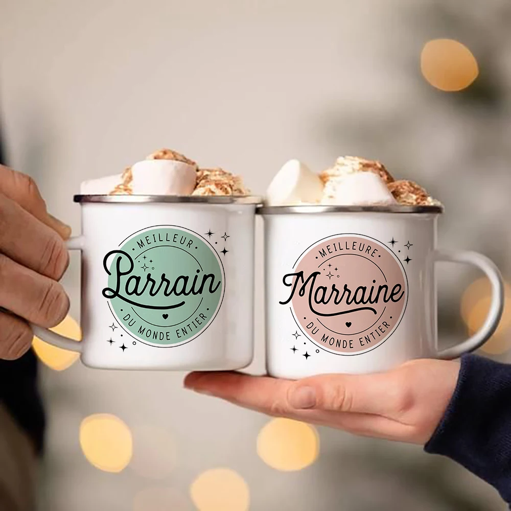 Best Godfather & Godmother In The World French Print Enamel Mugs Brother Sister Friends Gifts Drink Milk Coffee Cup Camping Mug 1