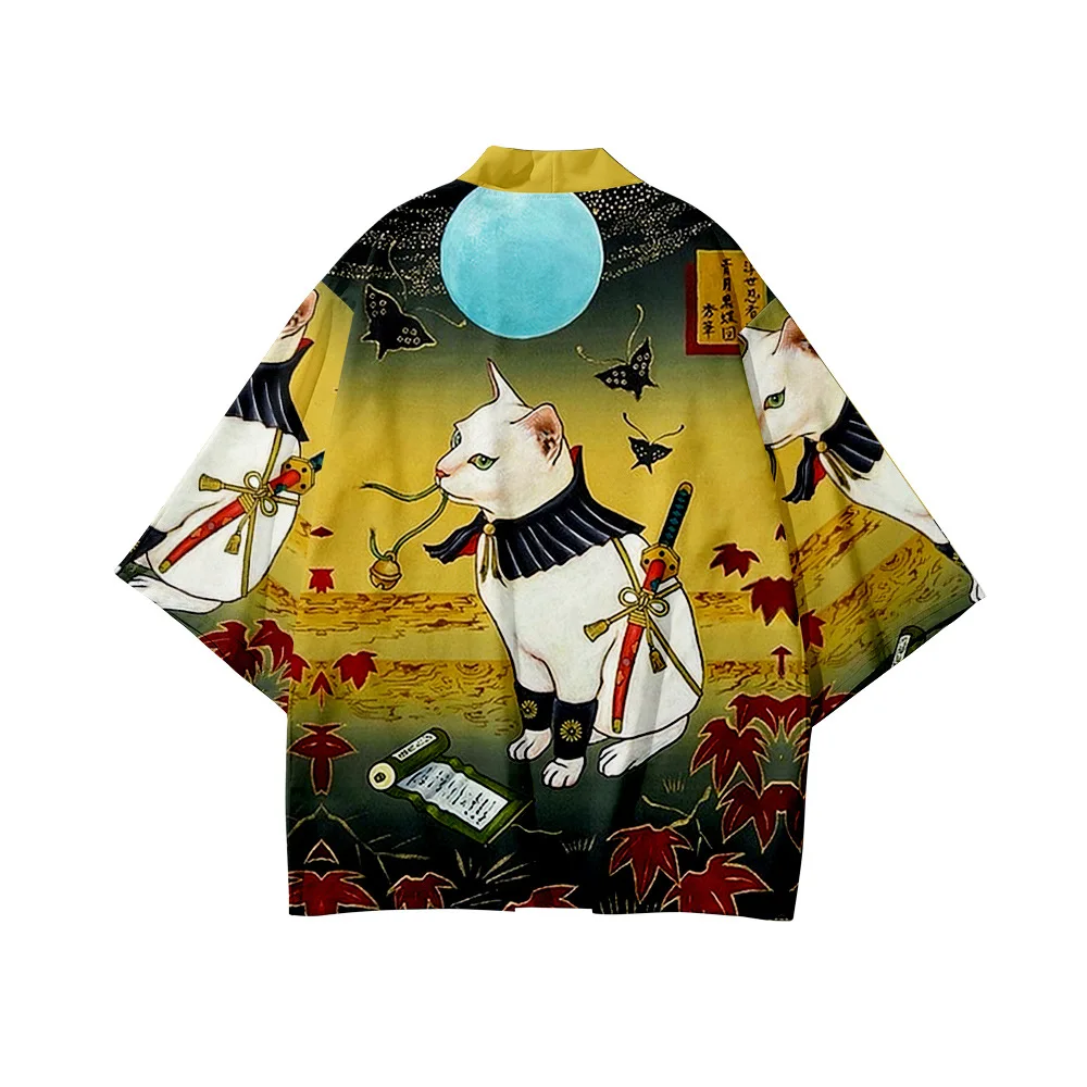 Streetwear Cardigan Demon Samurai Cat Print Shirt Japanese Kimono Haori Yukata