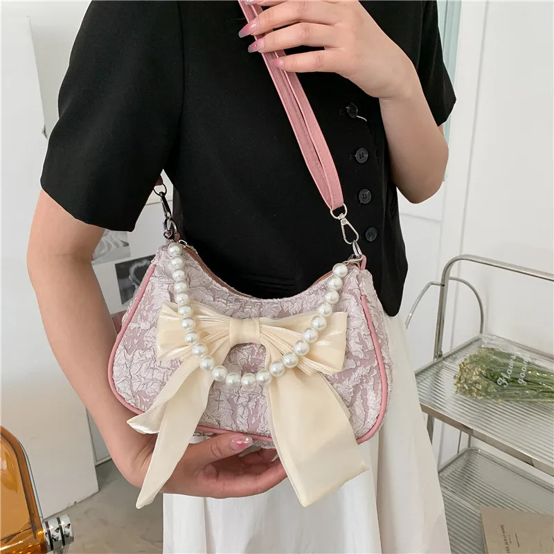 Elegant Pearl-Embellished Retro Designer Handbag with Bow - Luxury Canvas Crossbody Shoulder Bag