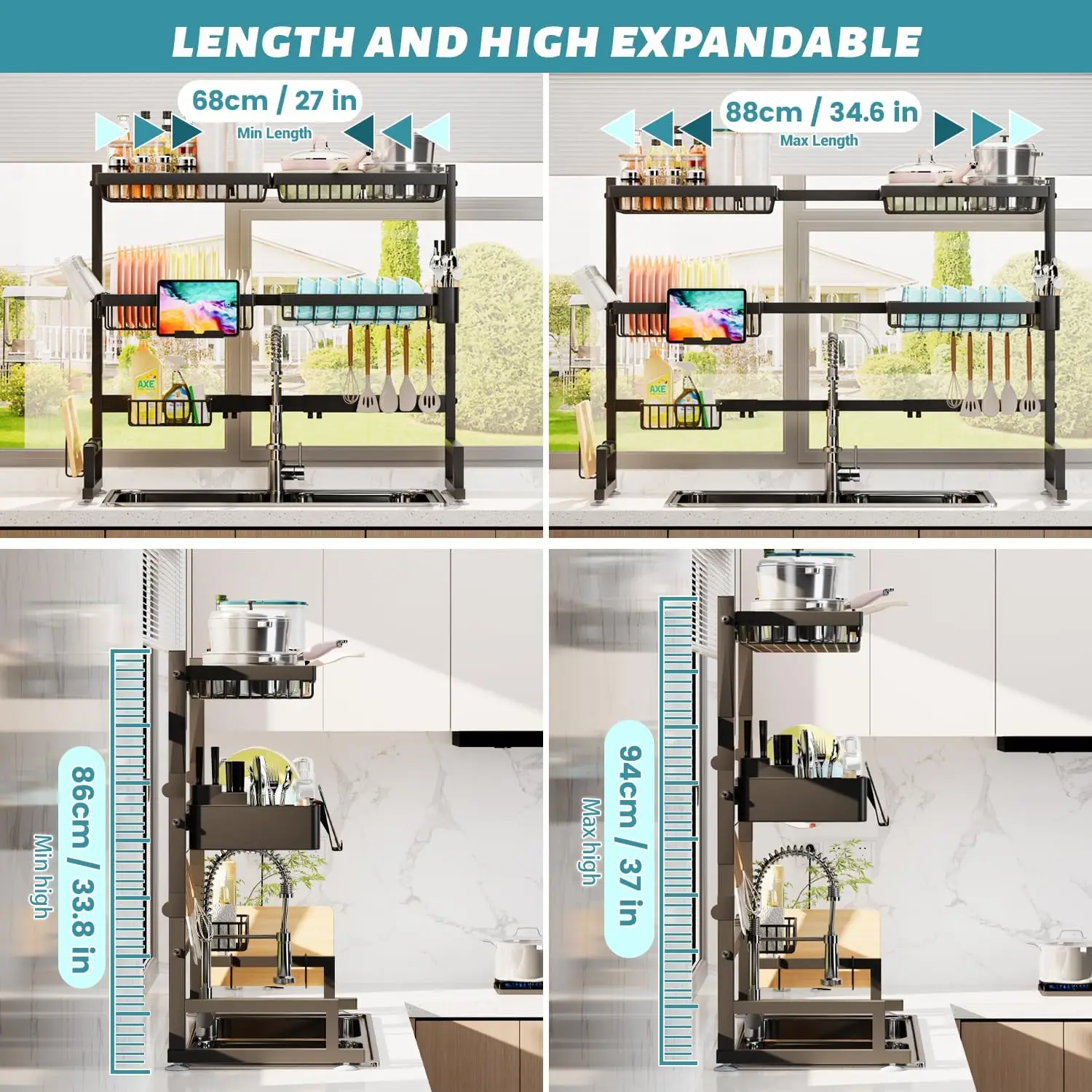 Over The Sink Dish Drying Rack (Expandable Height and Length) Snap-On Design 2 Tier Large Dish Rack (27-36L x 12W x 32.5-37H) 2