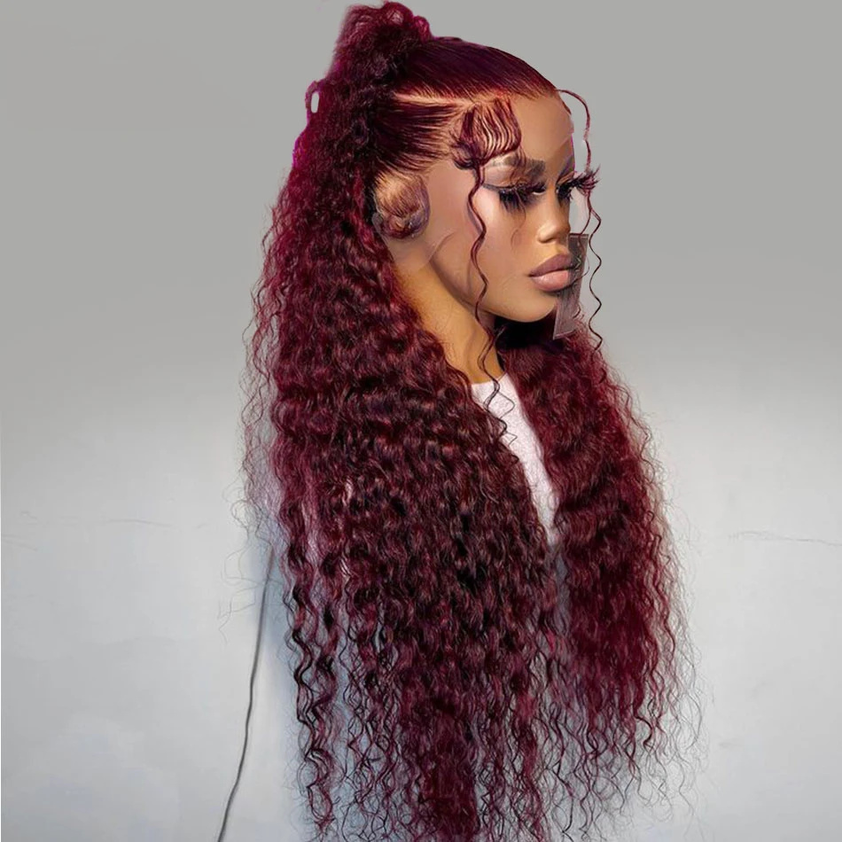 Lace Front Wig 26 Inch Long Preplucked 180%Density Glueless 99j Kinky Curly BabyHair Heat Temperature Daily Cosplay