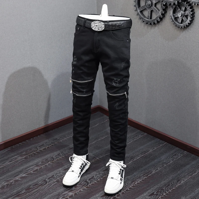 High Street Fashion Men Jeans Black Elastic Stretch Skinny Ripped Jeans Men Zipper Designer Spliced Hip Hop Punk Pants Hombre