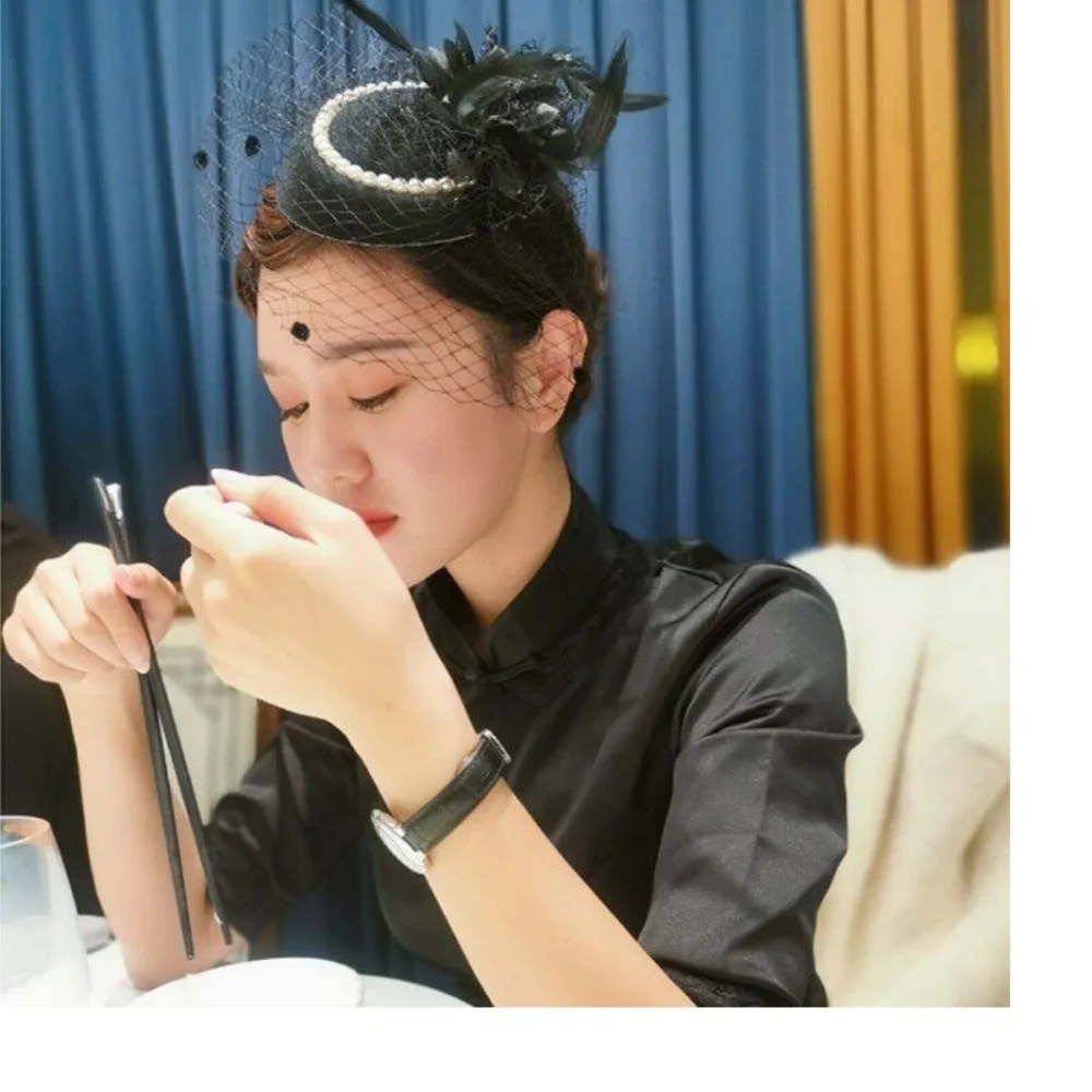 New Elegant Bridal Headwear Vintage Pearl Flower Pillbox Hats Temperament Mesh Fascinators Hat For Women