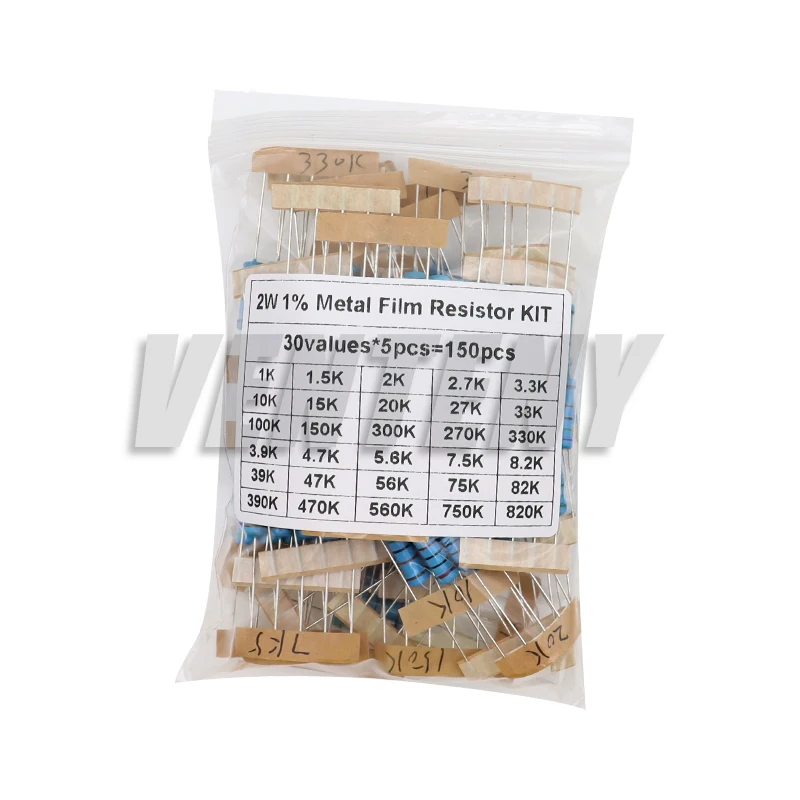 150PCS 300PCS 1/2W 1W 2W 3W Resistance 1% Metal Film Resistor Assortment Kit 30values 1R~750R 1K~820K Ohm