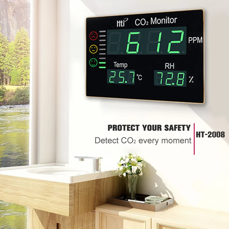 Hti Wall Mount CO2 Monitor HT-2008 Carboon Dioxide Detector for Home Indoor Air Quality Temperature Humidity Tester 0~9999PPM