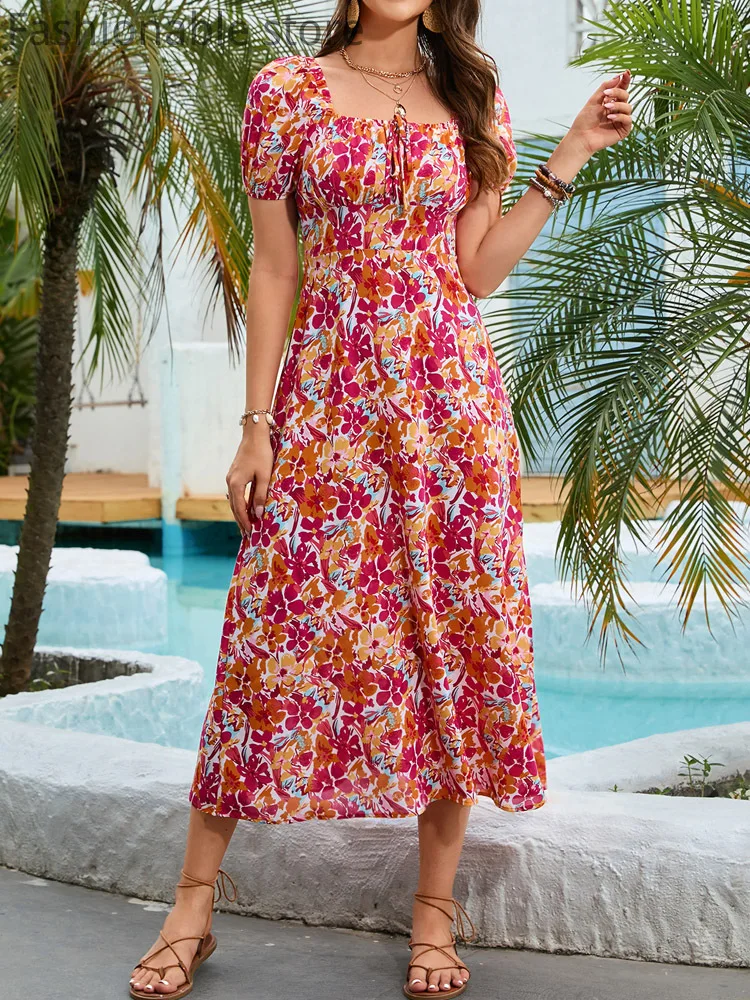 

Women Floral Print Square Collar Backless Short Sleeve High Waist A-Line Dress