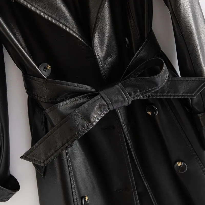 2023 Winter New Women High-End Slim-Fit Leather Coat Female Temperament Long Sheepskin Trench Outcoat Casual Versatile Outerwear