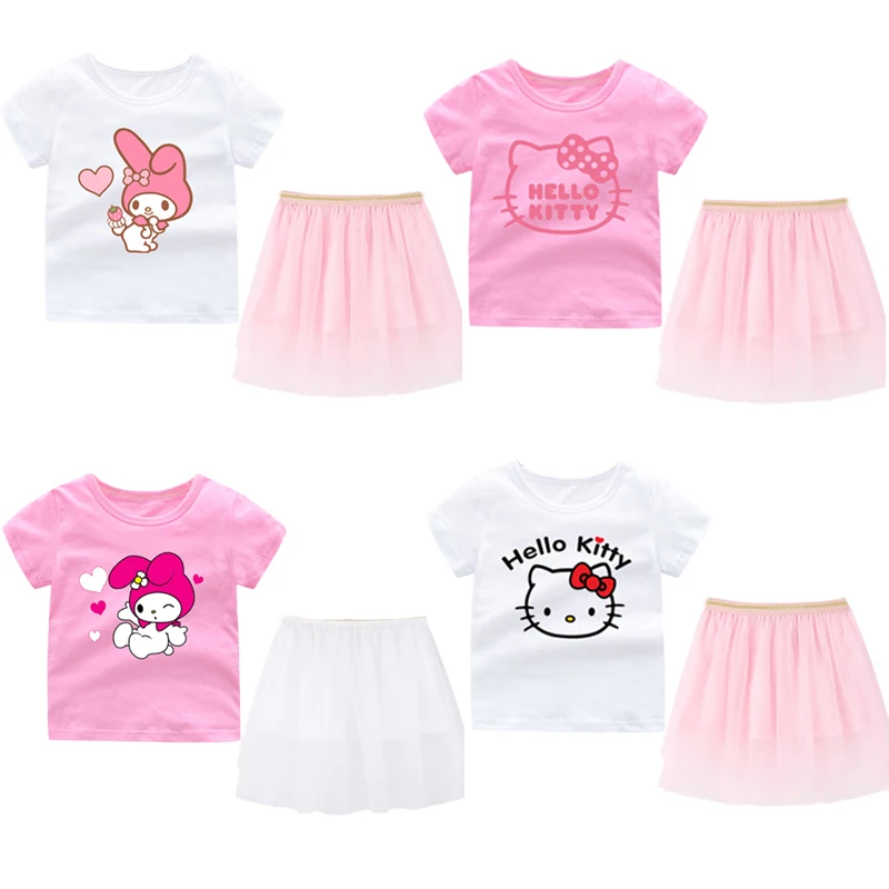 

Sanrios Hellokittys My Melody хлопковая цветная детская футболка марлевая юбка костюм летние Diy граффити дизайн мультфильм милый детский комплект подарки