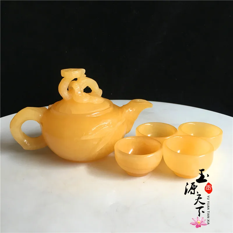 Natural jade gift ornaments beige jade tea set Ruyi hip flask teapot teacup jade business gifts 2
