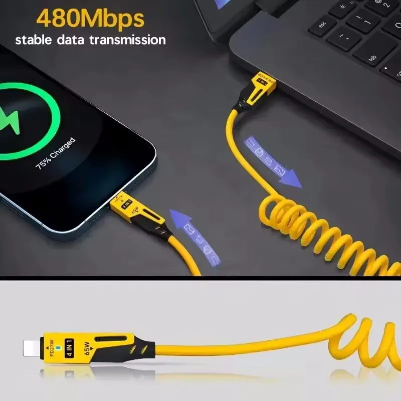 2개입 4 in 1 65W 스프링 숏 데이터 케이블 6A USB 타입 C 스프링 텔레스코픽 퀵 충전 케이블 스프링 USB 케이블 아이폰 15 14 13 12용