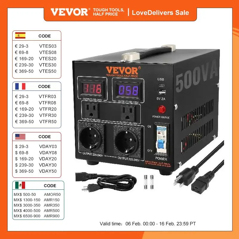 Vevor Convertitore Di Tensione Step Up/Down Portatile 110V-220V / 220V-110V Potenza Da 500Va, Trasformatore Di Tensione 500Va Portatile 240 X 185 X 20