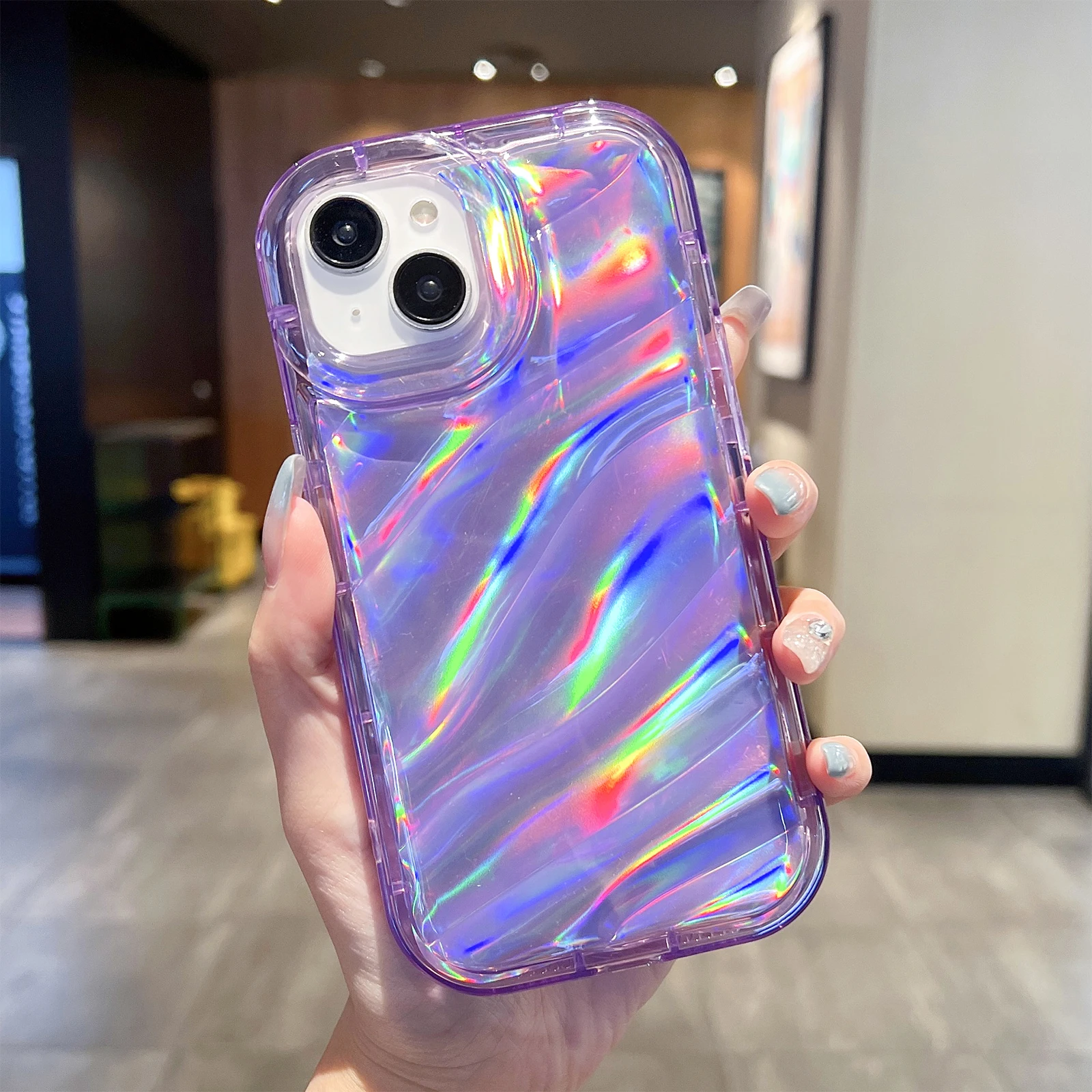 Luxury Holographic Laser Phone Case For iPhone 15 14 13 12 11 Pro Max XR X  7 8 Plus Curly Wavy Edge Shockproof Clear Soft Cover - AliExpress